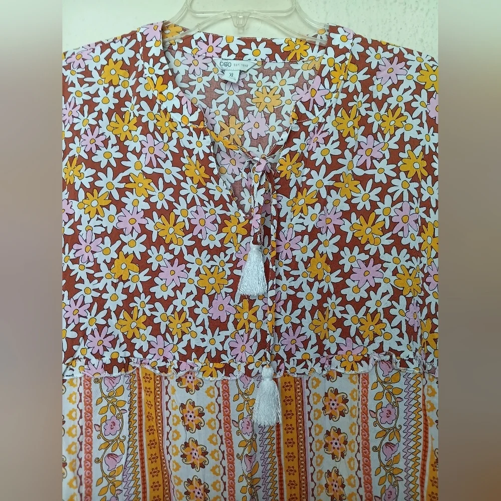 Cato Floral and Striped Blouse - Orange and Pink - Picture 2 of 7